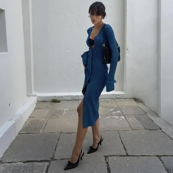 Women's Black Mesh Slingback Pointed Toe Ankle Strap Kitten Bow Heel Pumps Shoes - Picture 3 of 6